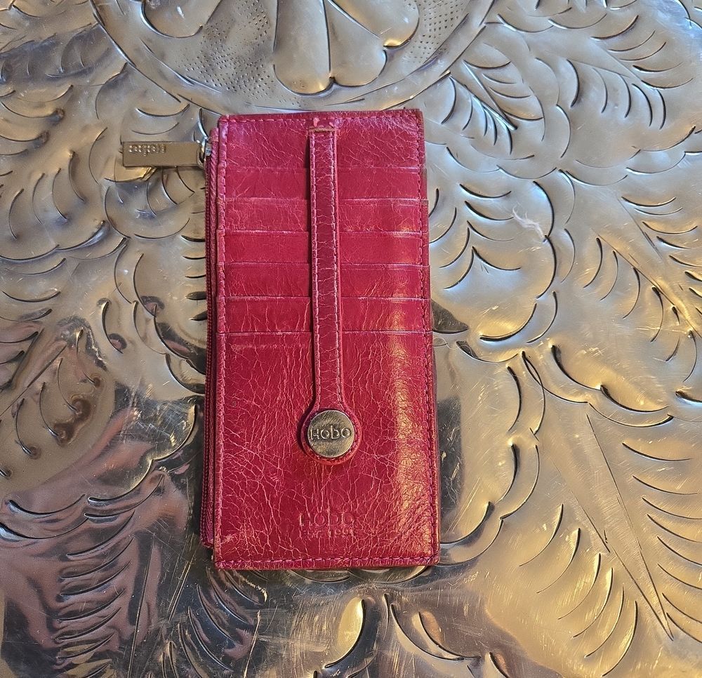 HOBO Leather Card Wallet in Deep Raspberry, Real Leather- Distressed!
